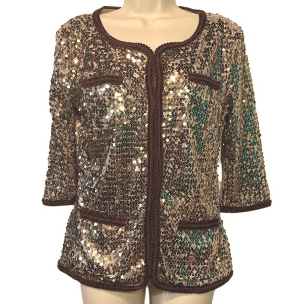 Women's Vintage IMAN Gold Sequin Embellished Jacket Brown Trim 3/4 Sleeve S